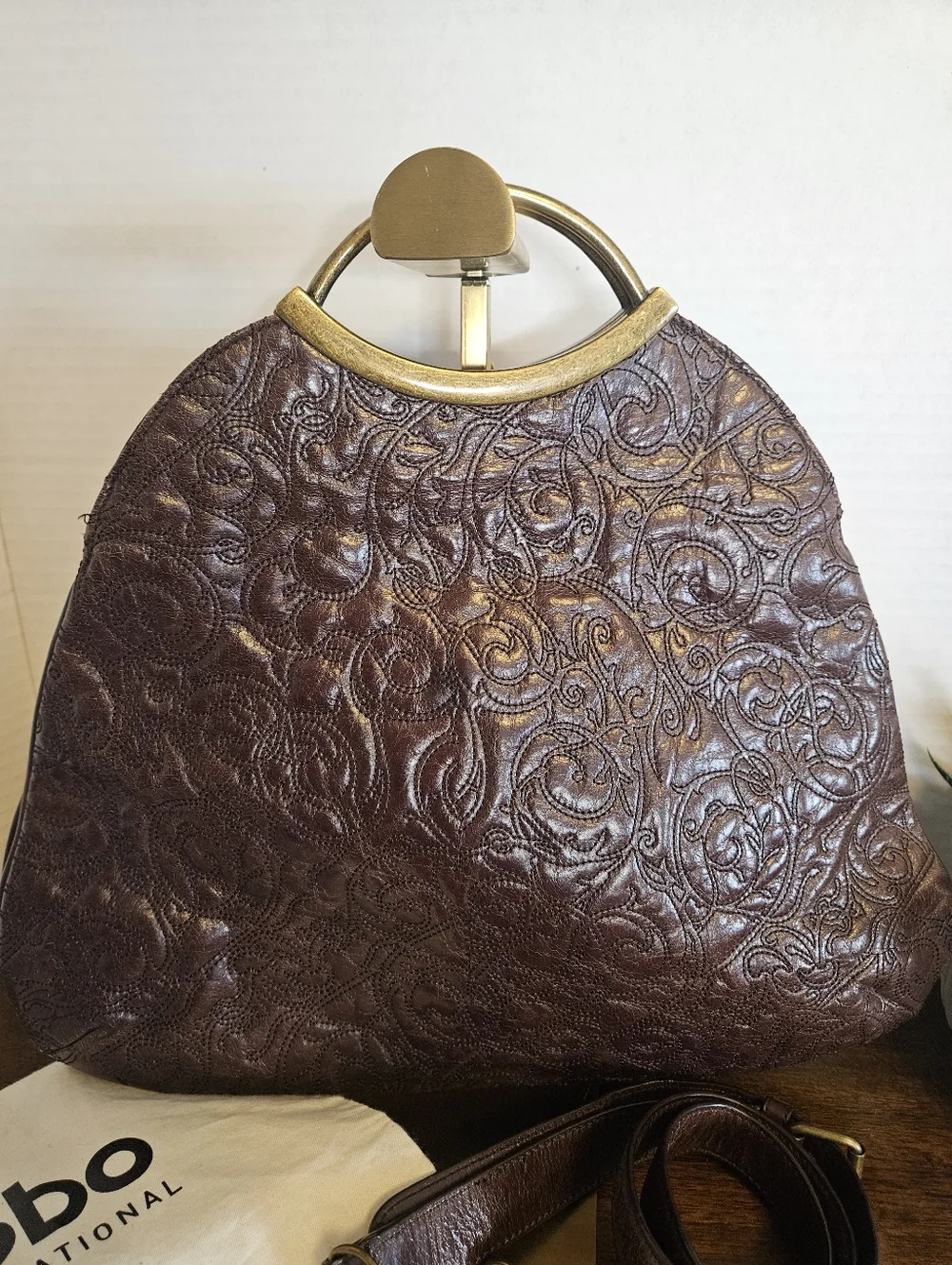 HOBO International Embossed Leather Frame Bag Brown Boho Rare/Vintage Crossbody